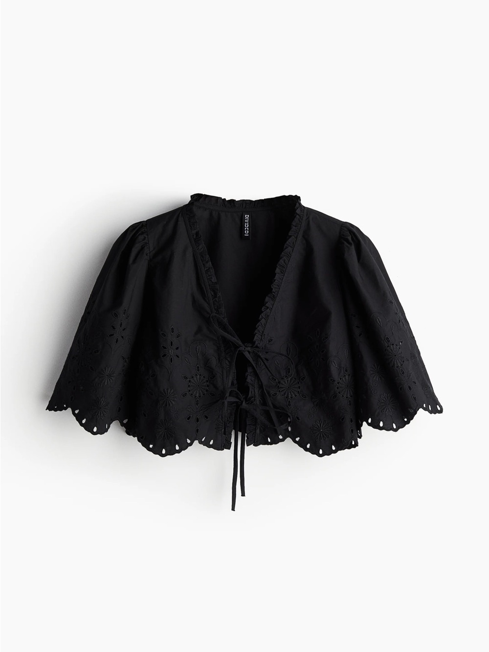 H&M Divided Cropped Broderie Anglaise Tie-Front Blouse | Black | Size S
